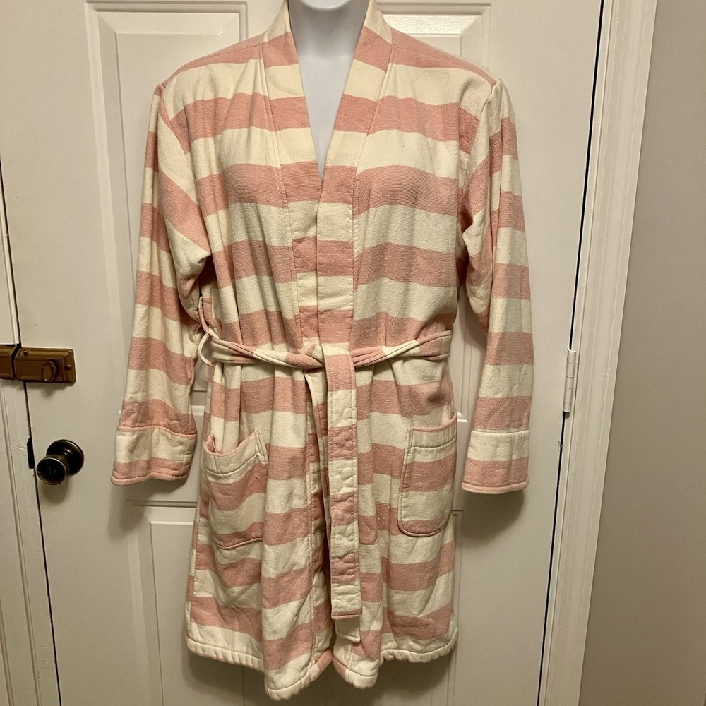 Pottery Barn Pink Ivory Sz Large Striped Terrycloth Resort Robe Women's Bathrobe - Picture 1 of 8